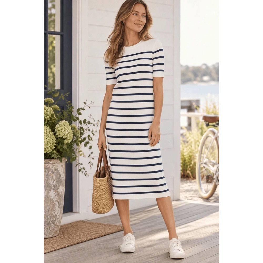 New J.Crew Short Sleeve Margot Striped Sweater Dress Sz XXL Beach Casual Classic